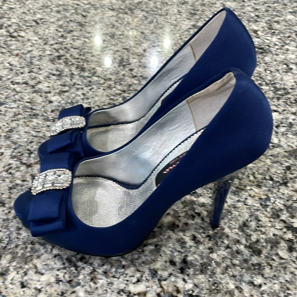 Nina Blue Satin Peep Toe Heels - Picture 7 of 11